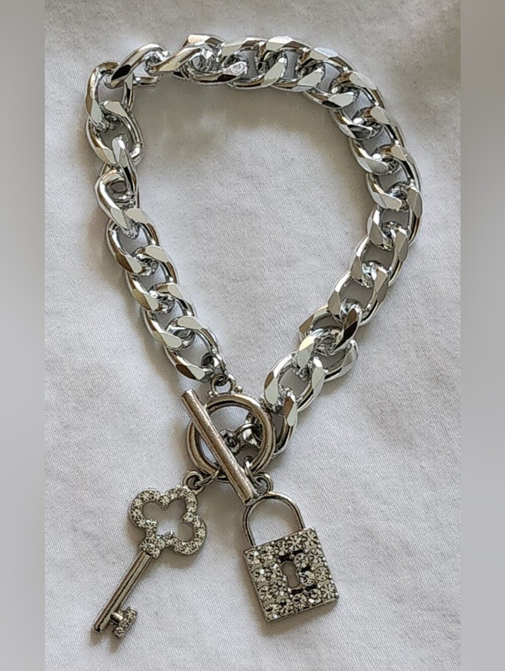 Silver Key & Padlock Charm Chain Bracelet - Women